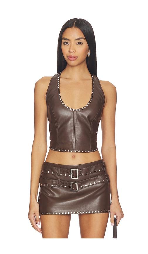 lamarque x revolve liddy faux leather studded halter top in chocolate.