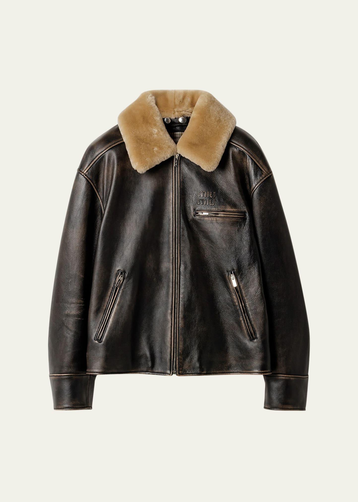 lamb shearling-collar leather aviator jacket