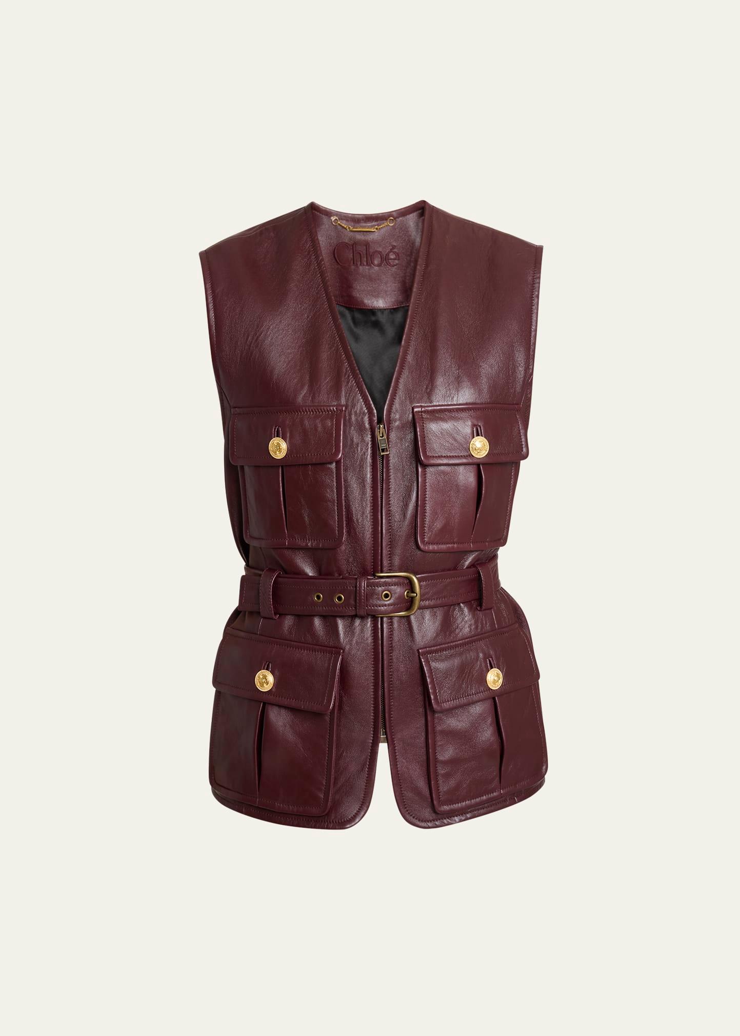 lambskin leather belted zip slouch vest