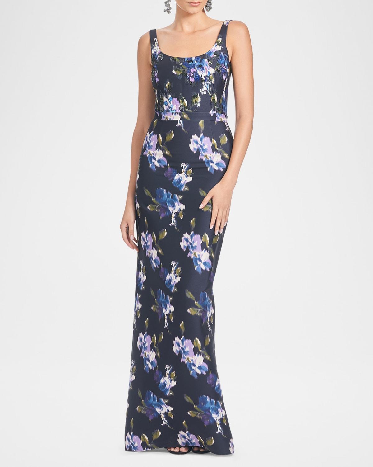 lana sequin floral-print column gown