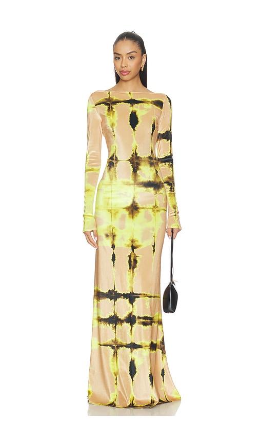 lapointe boatneck gown in nude.