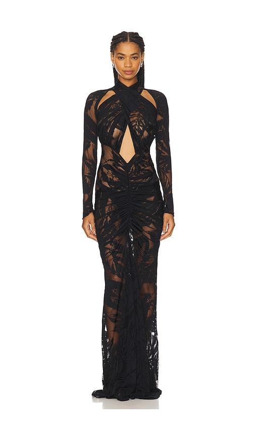 lapointe burnout jersey halter ruched gown in black.