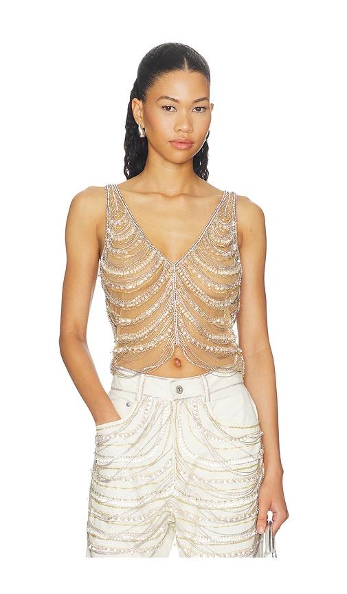 lapointe draped crystal embroidery v neck tank in metallic silver.