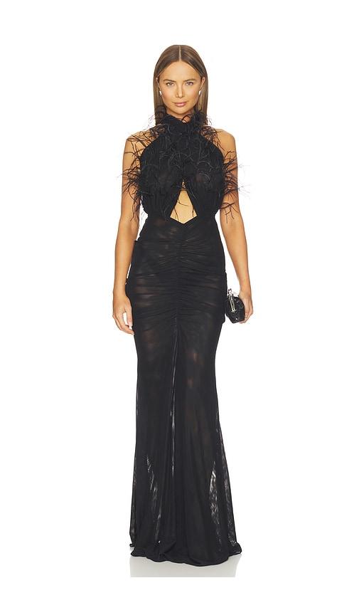 lapointe feather embroidery sleeveless halter ruched gown in black.
