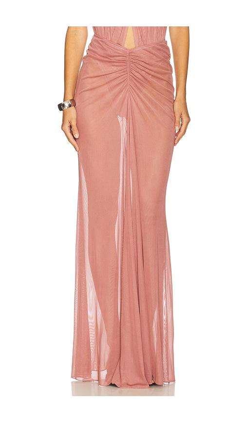 lapointe mesh ruched maxi skirt in pink.