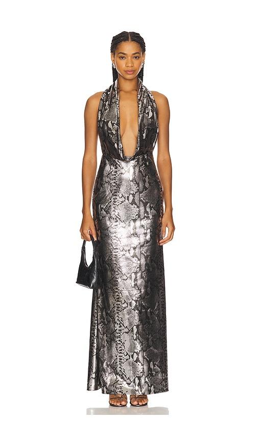 lapointe metal snake deep cowl neck gown in metallic silver.