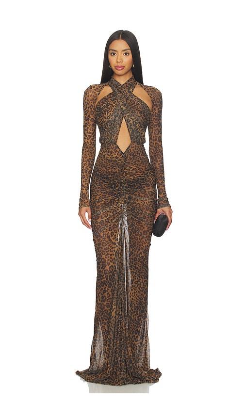 lapointe printed mesh halter ruched gown in brown.