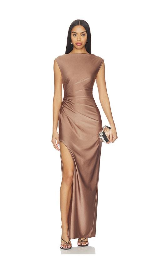 lapointe ruched gown in brown.