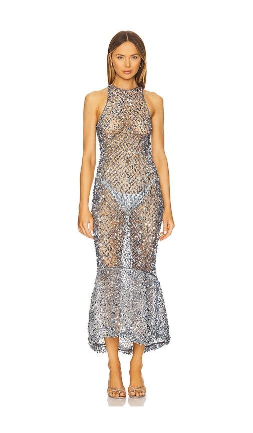 lapointe sequin high low midi dress in baby blue.