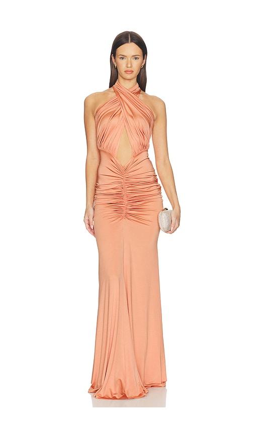 lapointe sleeveless halter ruched gown in coral.