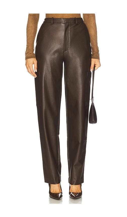 lapointe stretch faux leather tapered pant in dark brown.