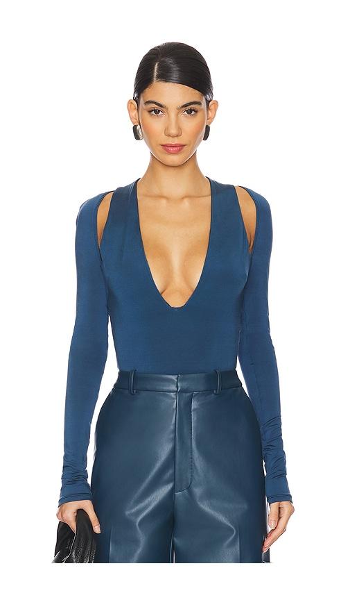 lapointe v neck bodysuit in blue.