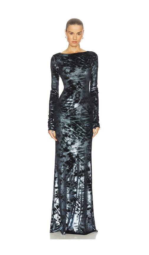 lapointe velour boatneck gown in blue.