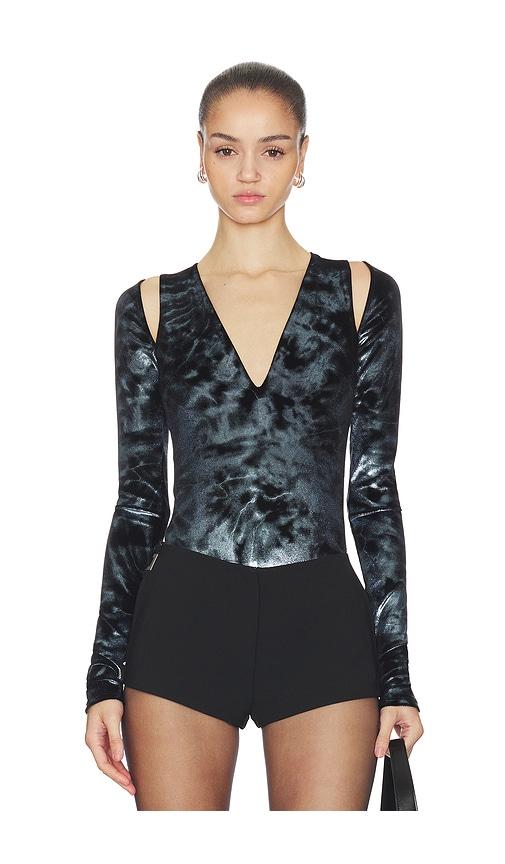 lapointe velour v neck bodysuit in blue.
