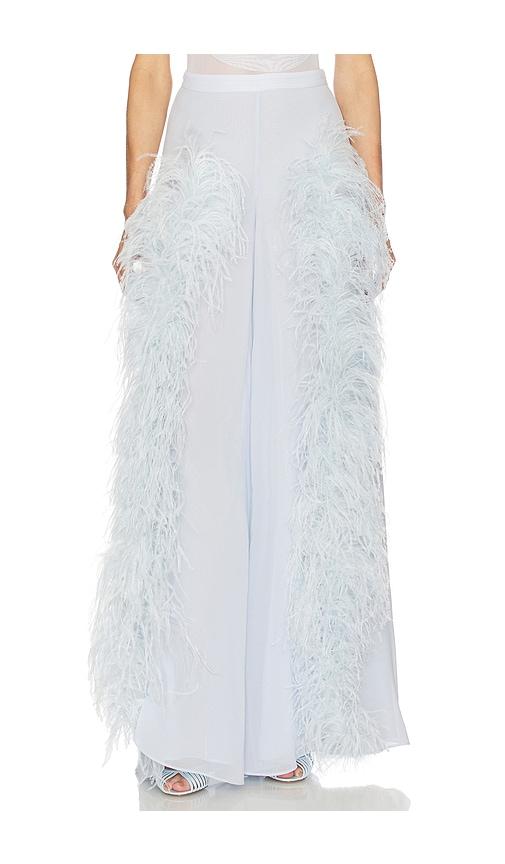 lapointe wide leg pant with feathers in blue.