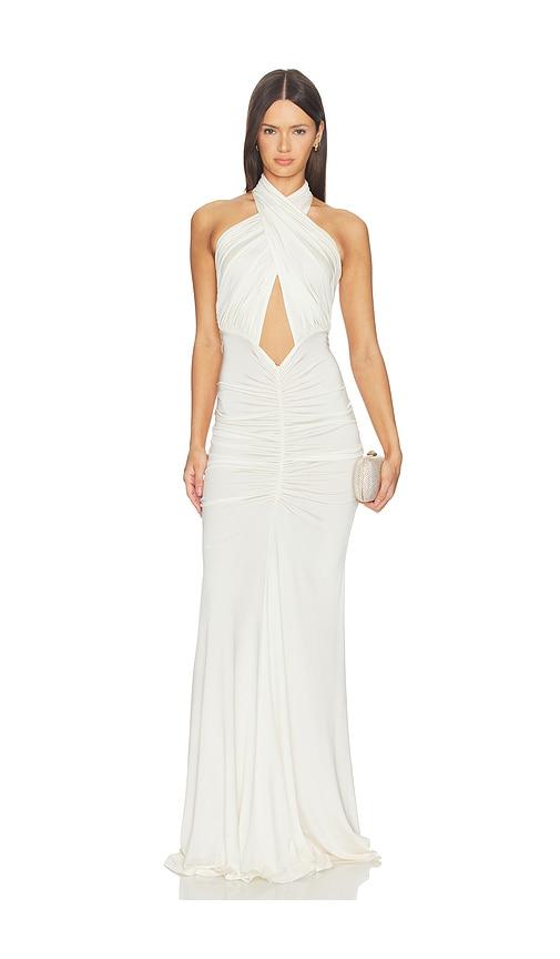 lapointe x revolve jersey sleeveless halter ruched gown in cream.