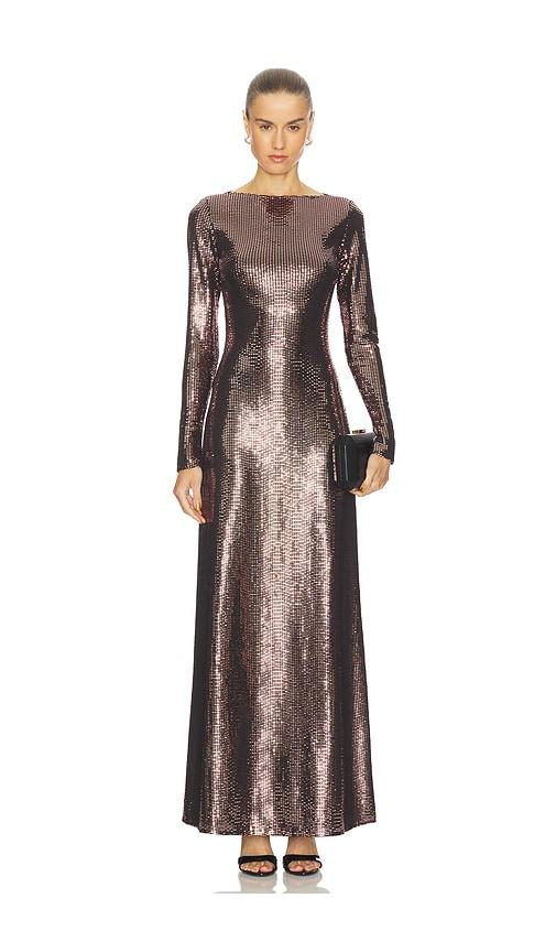 lapointe x revolve mirror jersey boatneck gown in metallic bronze.