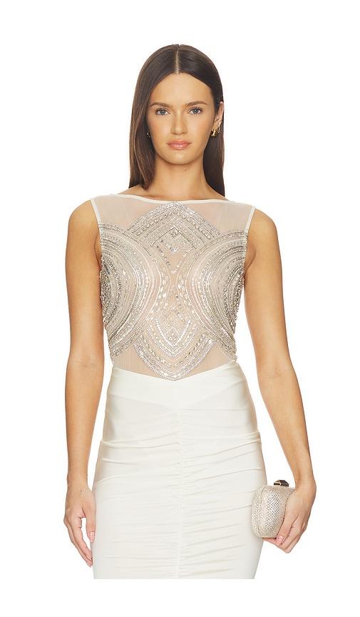 lapointe x revolve mosaic embroidered bodysuit in cream,metallic silver.