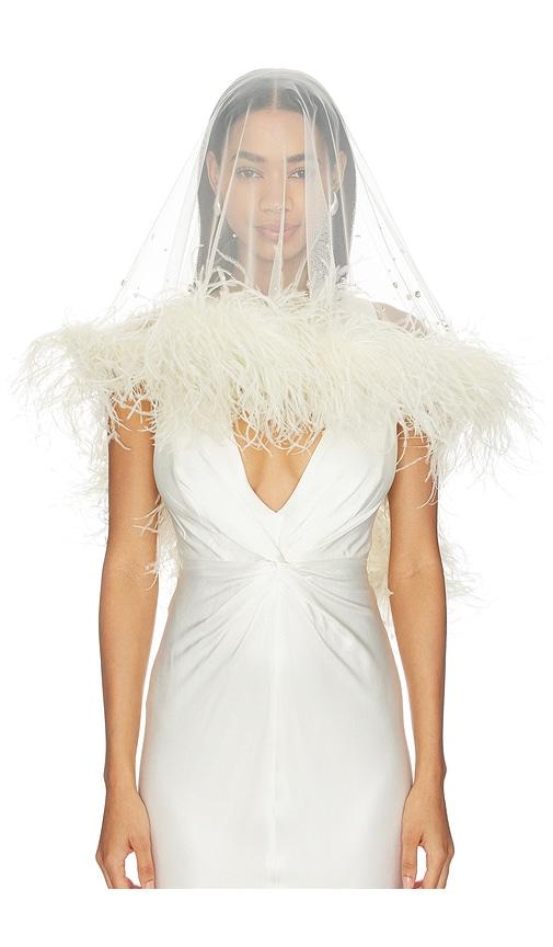 lapointe x revolve tulle embroidered short veil with feathers in cream.