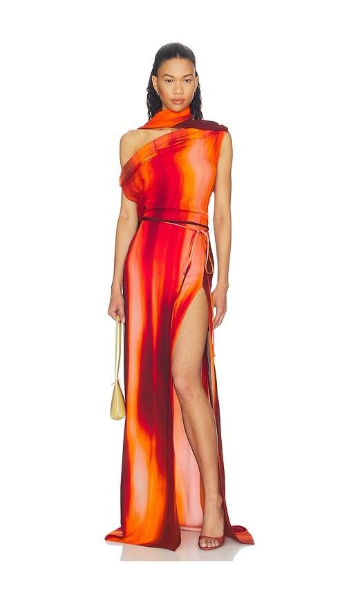 laquan smith asymmetrical draped dress with scarf in burnt orange.