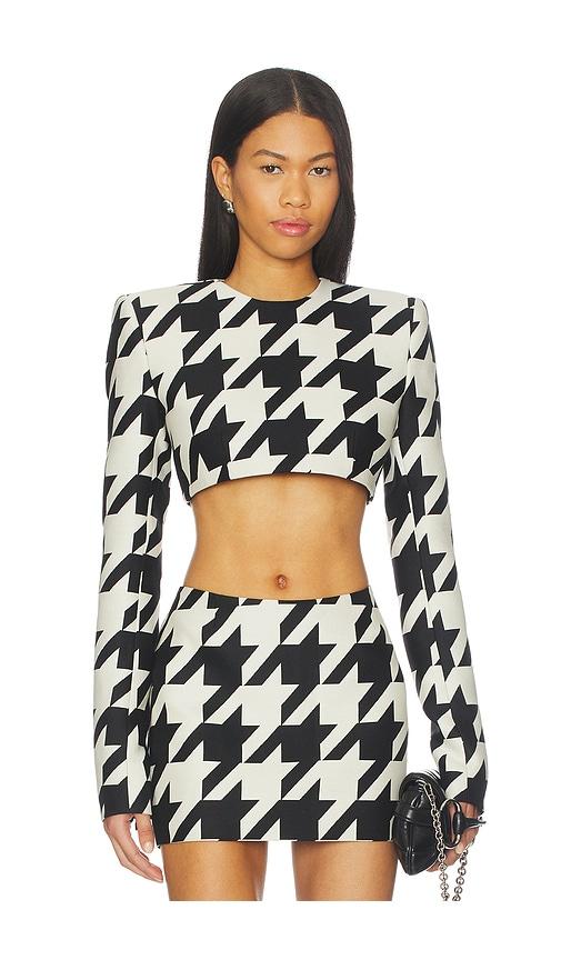 laquan smith cropped shoulder pad top in black,white.