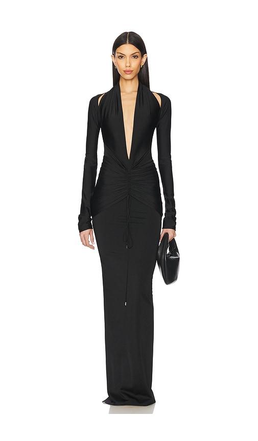 laquan smith deep plunge gown in black.