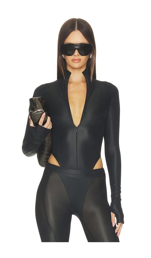 laquan smith long sleeve bodysuit in black.