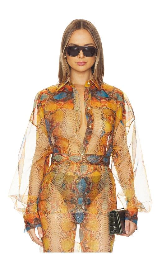 laquan smith oversized boyfriend shirt in orange.