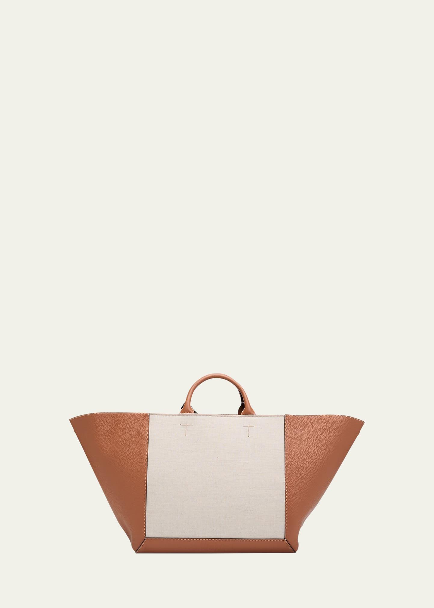 large double up leather and canvas shopping bag