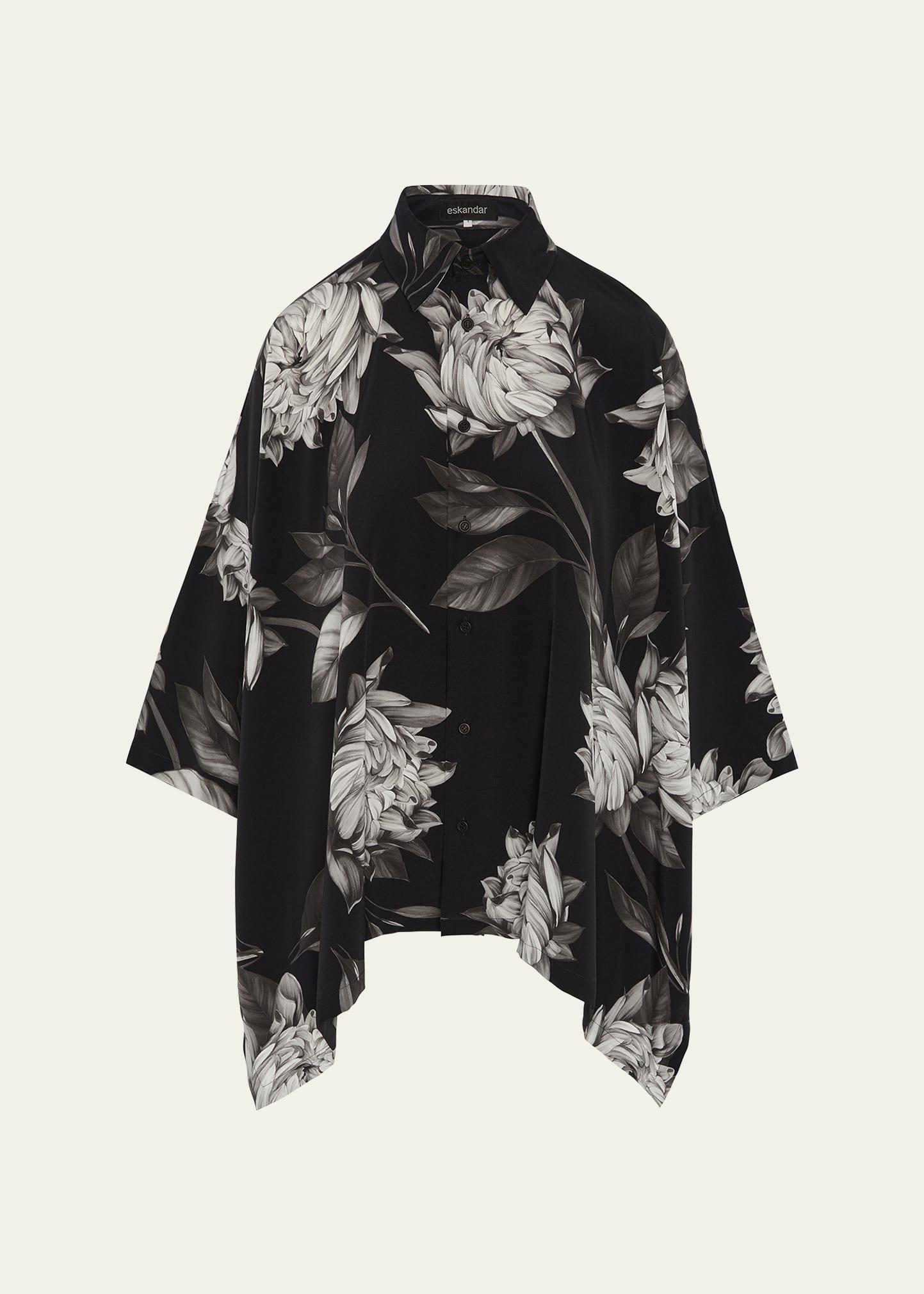 large peony silk print short-sleeve shirt with collar (mid plus length)