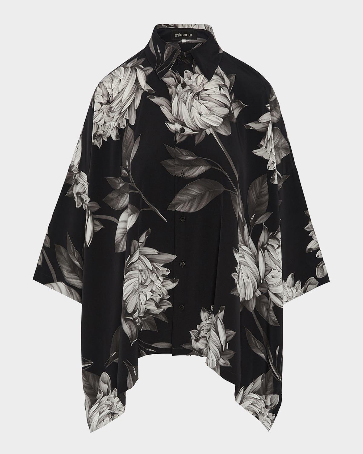 large peony silk print short-sleeve shirt with collar (mid plus length)