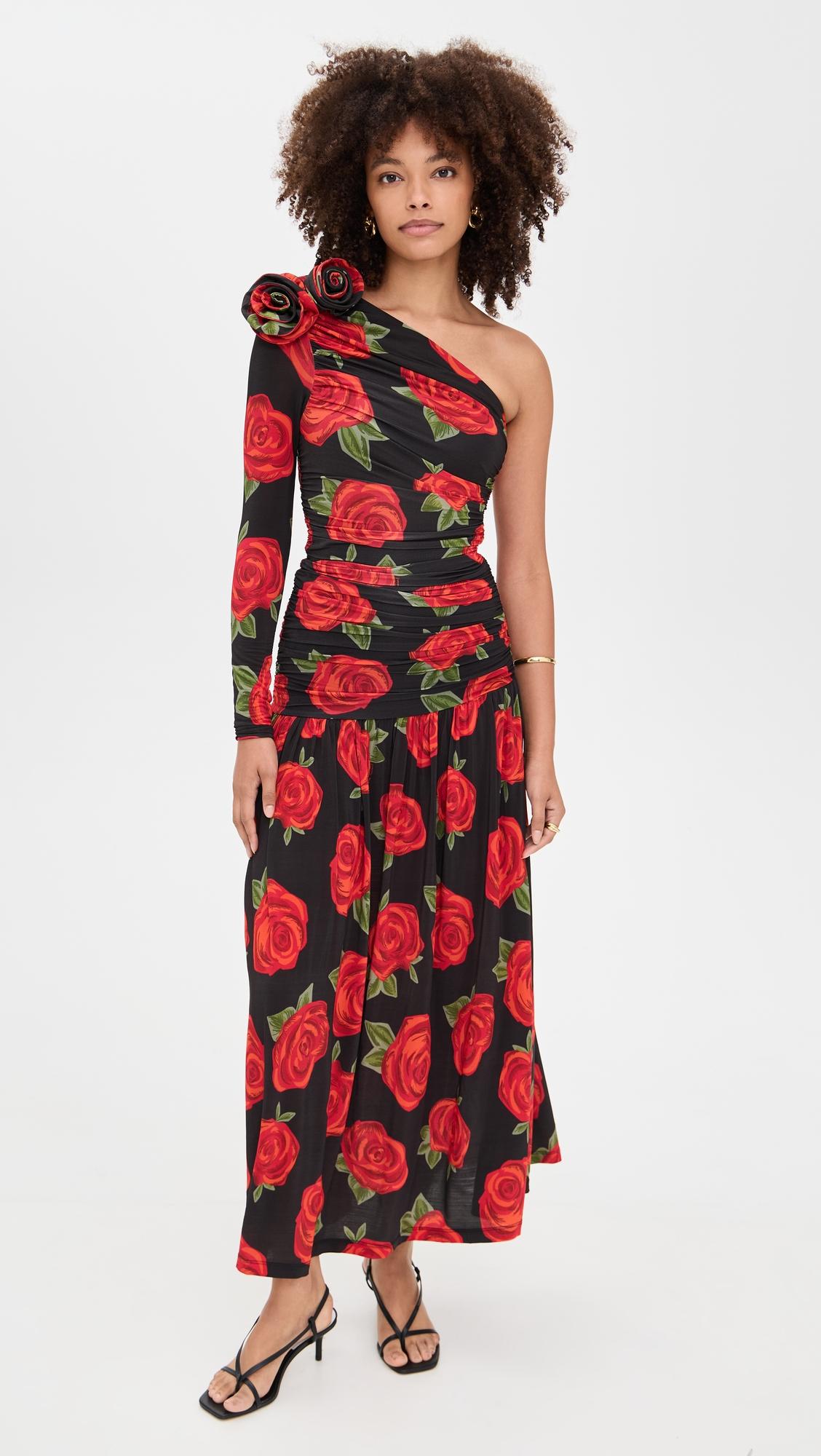 latin roses one shoulder midi dress
