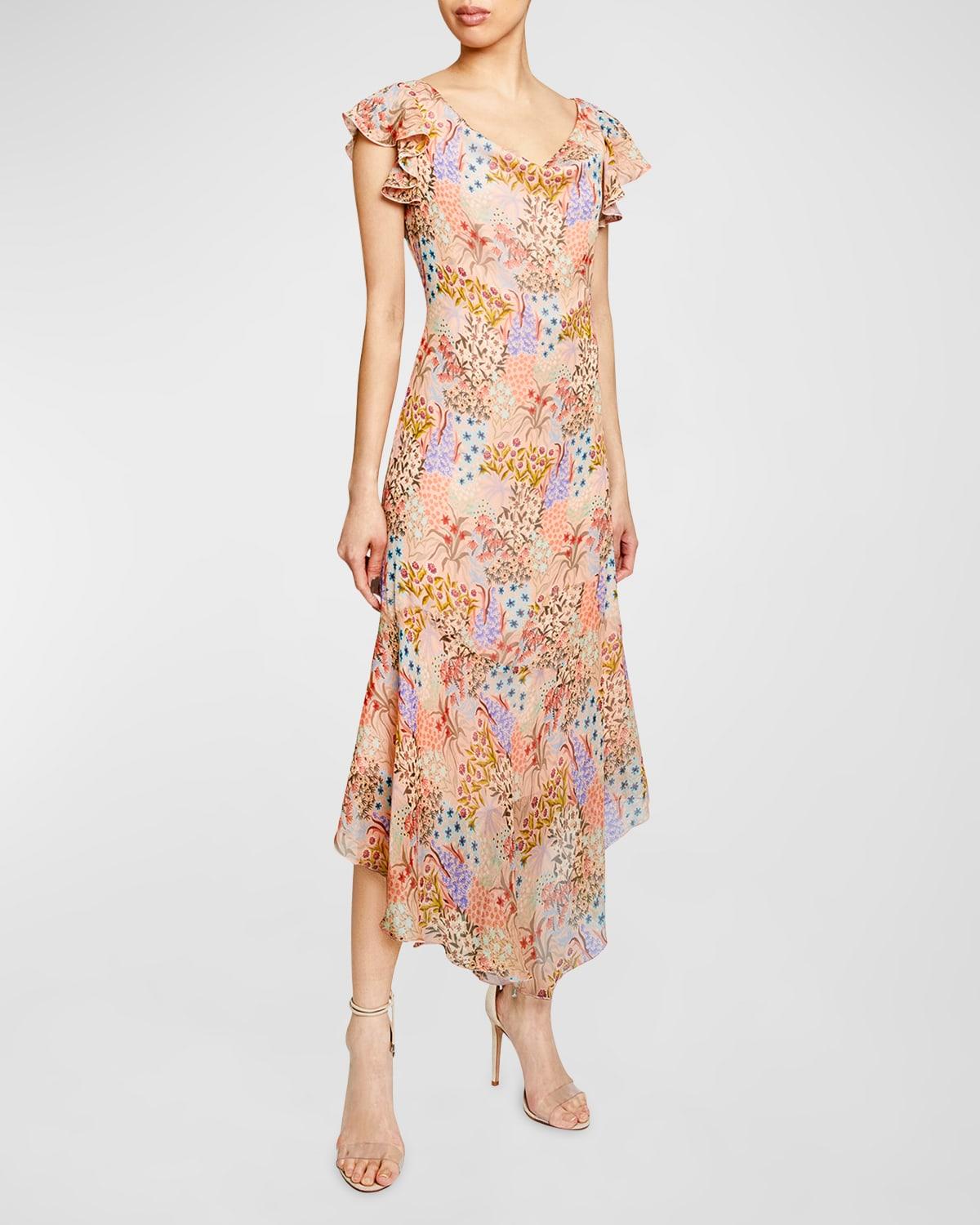 laurel floral-print flutter-sleeve midi dress