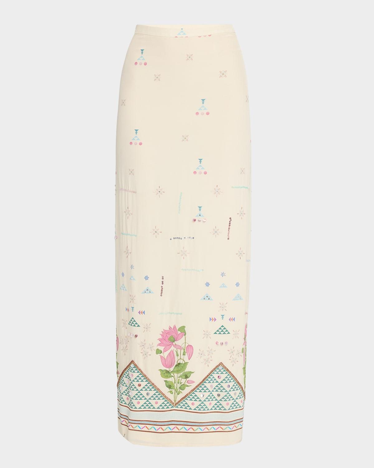 laurelle geo floral-print silk maxi skirt