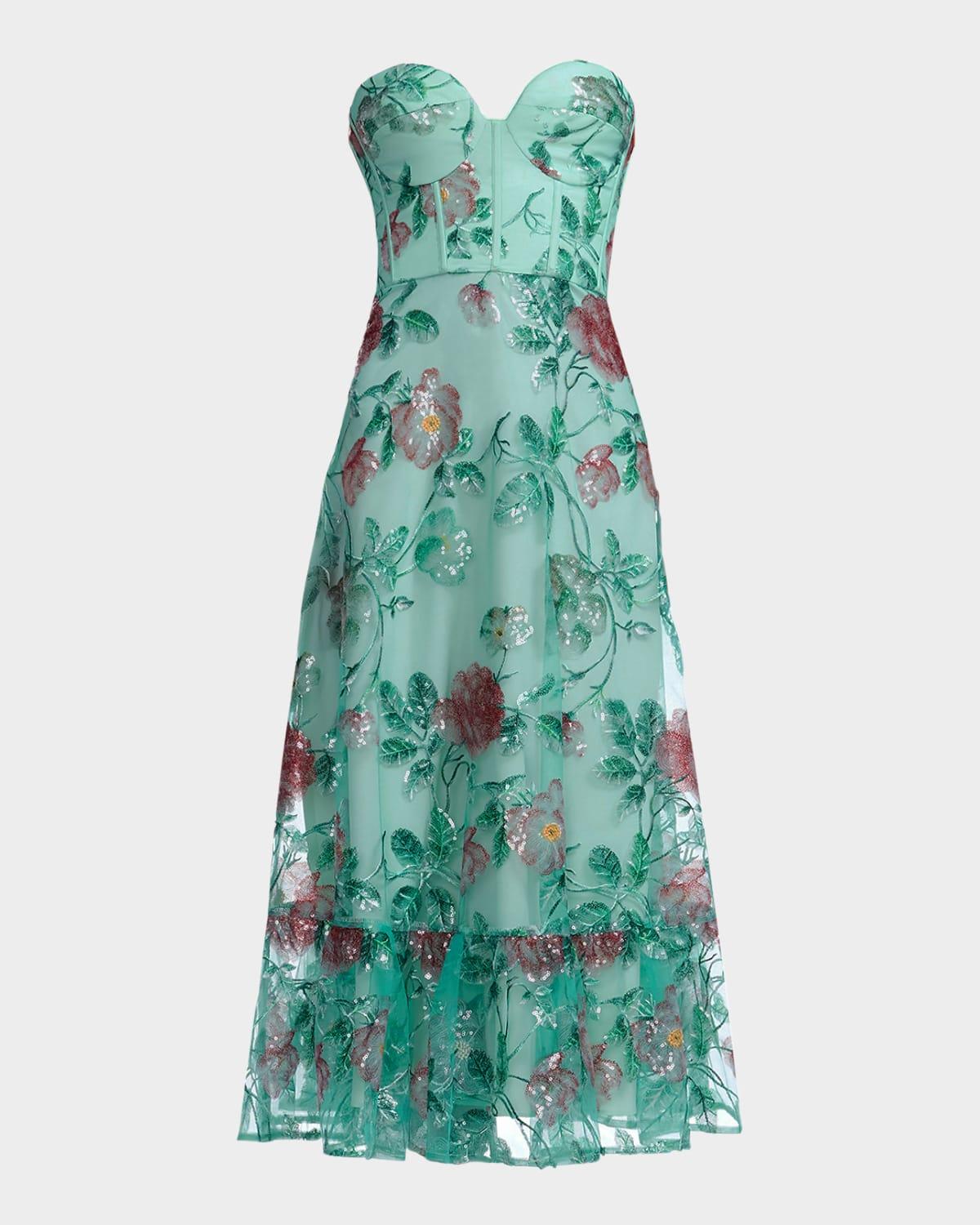 lauren flounce floral sequin corset midi dress
