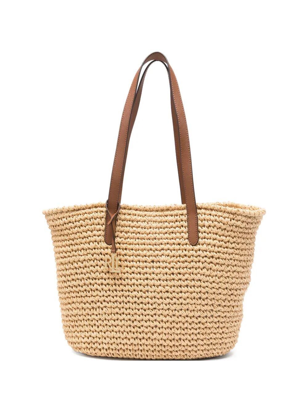 lauren ralph lauren lainey lg tt tote large brown paper straw bag - women