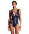 lauren ralph lauren villa stripe v-neck one-piece - dress for women - shaping fit - classic pinstripe print dark navy 16 one size