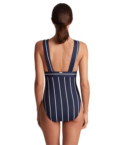 lauren ralph lauren villa stripe v-neck one-piece - dress for women - shaping fit - classic pinstripe print dark navy 16 one size