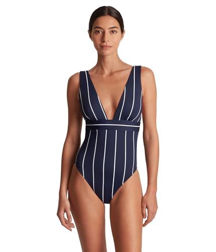 lauren ralph lauren villa stripe v-neck one-piece - dress for women - shaping fit - classic pinstripe print dark navy 16 one size