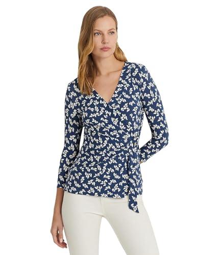 lauren ralph lauren women's floral stretch jersey top, blue/cream