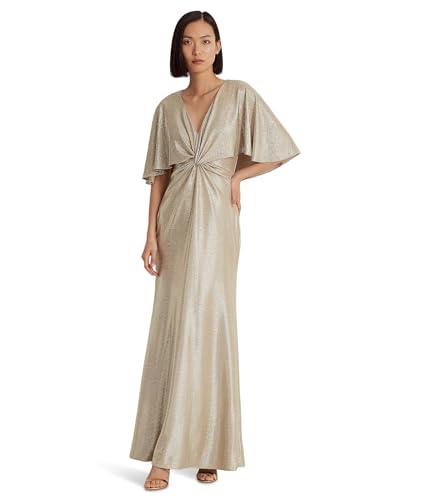 lauren ralph lauren women's foil-print jersey cape gown birch tan/gold foil, 14