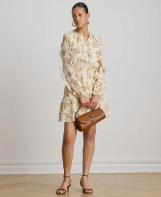lauren ralph lauren womens band collar floral ruffle trim tiered dress
