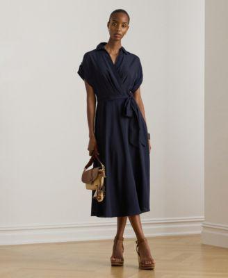 lauren ralph lauren womens belted crepe surplice neck dress