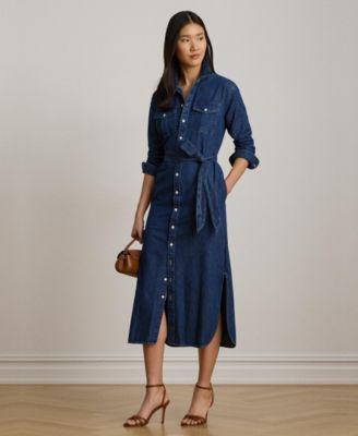 lauren ralph lauren womens collared belted denim midi shirt dress