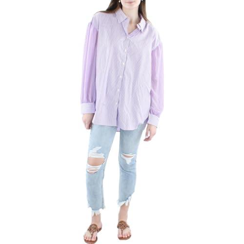 lauren ralph lauren womens cotton striped button-down top purple xl
