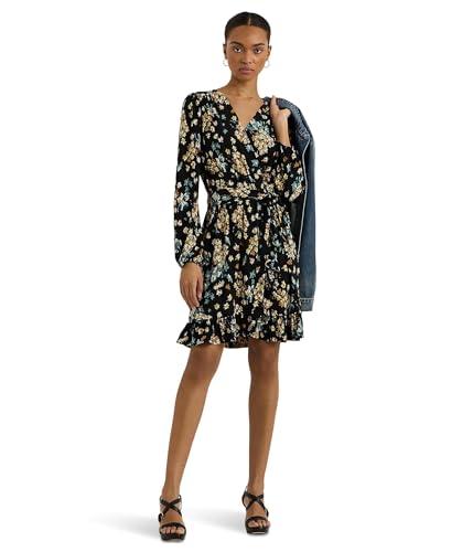 lauren ralph lauren womens floral belted stretch jersey dress black multi large