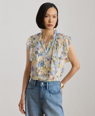 lauren ralph lauren womens floral flutter sleeve shirt