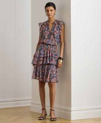 lauren ralph lauren womens floral ruffle trim split neck dress