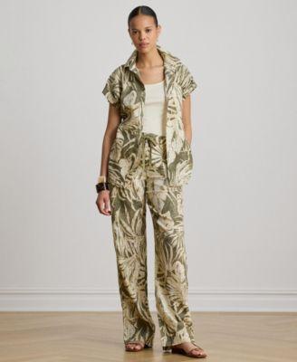 lauren ralph lauren womens mid rise palm frond print wide leg pants