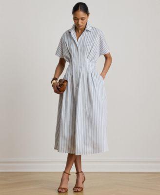 lauren ralph lauren womens point collar striped pleated broadcloth shirt dress